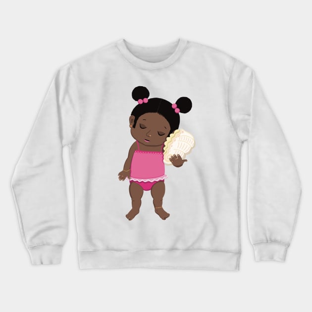 Vacation mood on - cute little dark girl having a quiet moment on the beach listening to the sound of a seashell, lighter ,no text Crewneck Sweatshirt by marina63